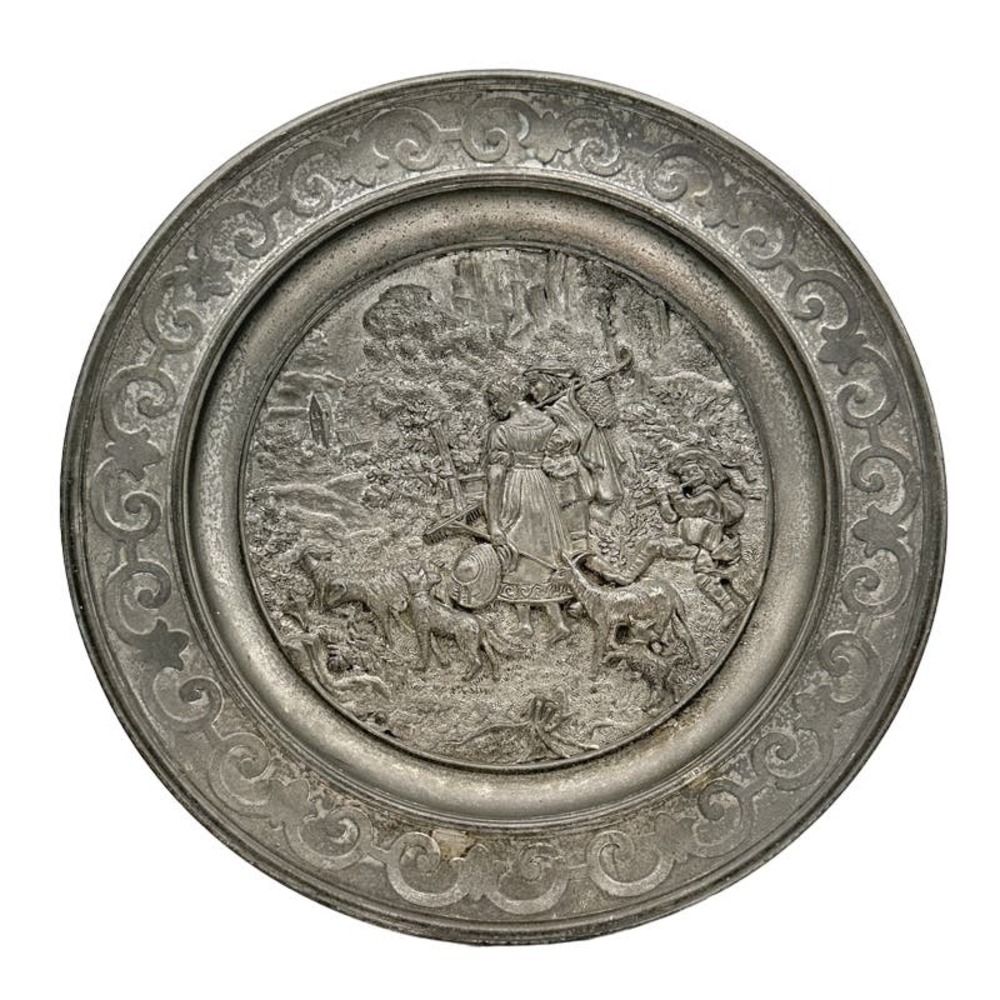 Antique SKS Zinn Hanging Plate 95% Pewter Rare Germany Farming Sheppard Scene